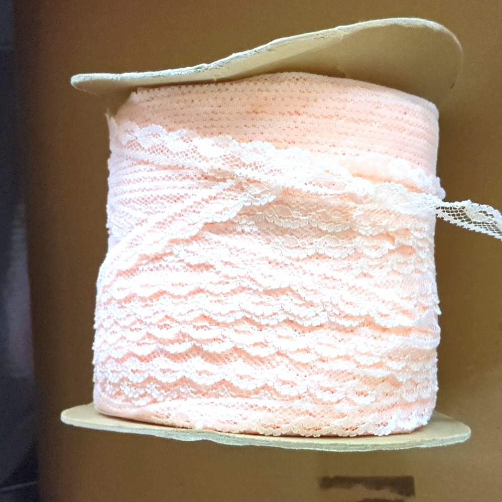 Pink Scalloped Lace Sewing Trim on Spool, crafts, Sewing 1/2 inch vintage